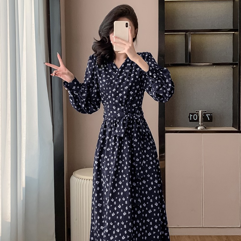 France style puff sleeve long dress long belt