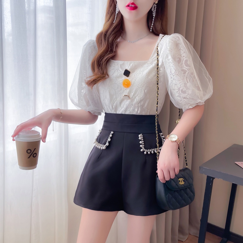 Spring high waist rhinestone wide leg shorts