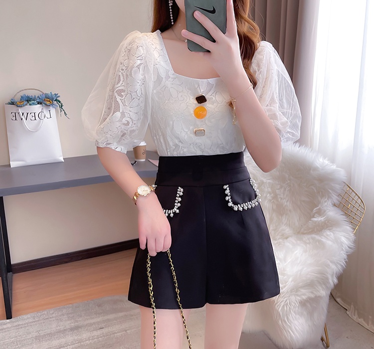 Spring high waist rhinestone wide leg shorts