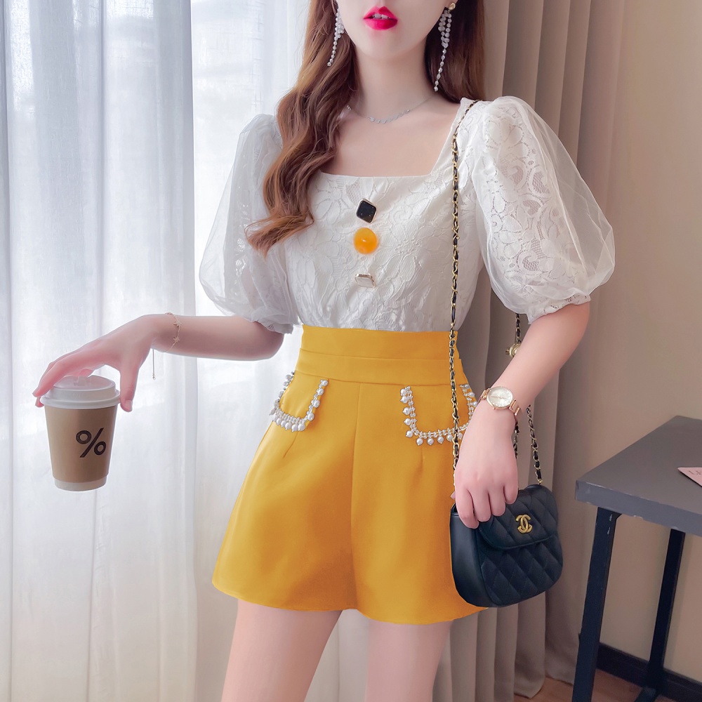 Spring high waist rhinestone wide leg shorts