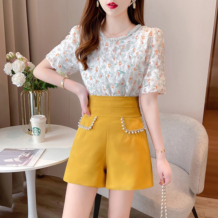 Spring high waist rhinestone wide leg shorts