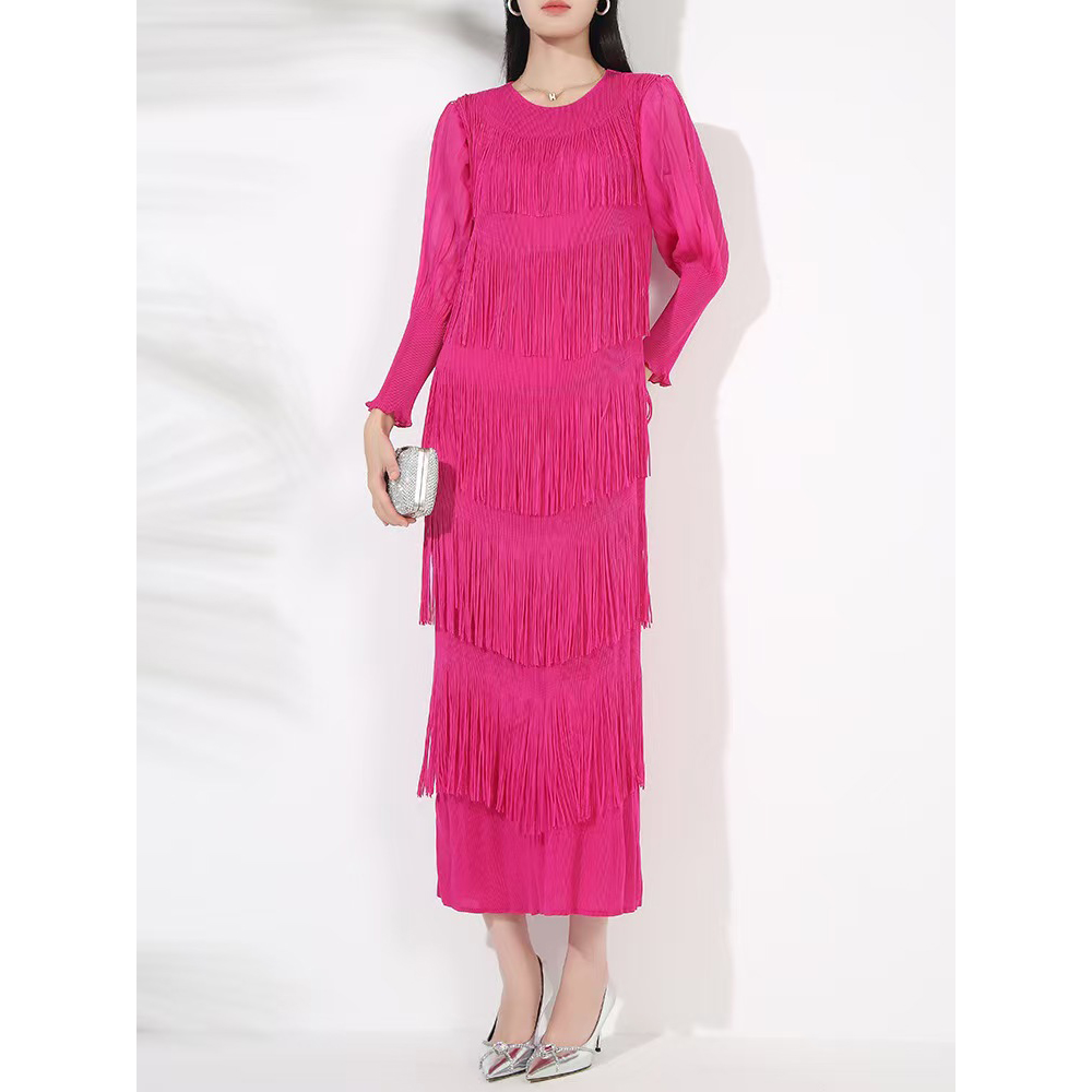 Drape beauty lantern sleeve tassels fold dress