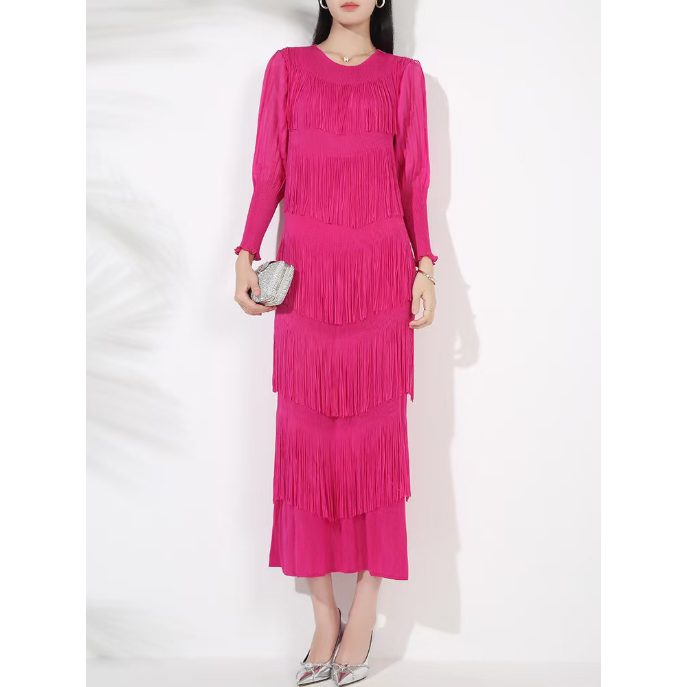 Drape beauty lantern sleeve tassels fold dress