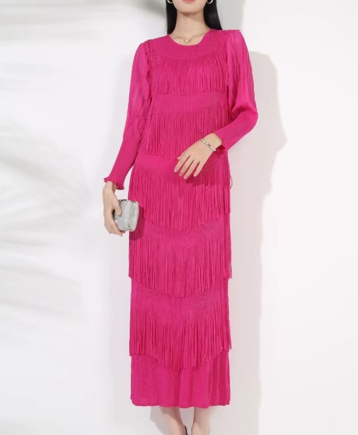 Drape beauty lantern sleeve tassels fold dress