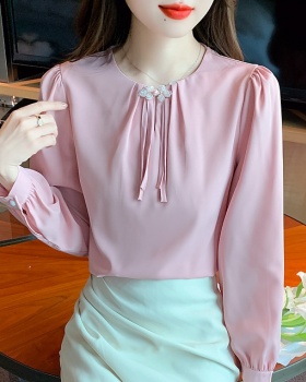 Satin Chinese style spring shirt puff sleeve woven tops