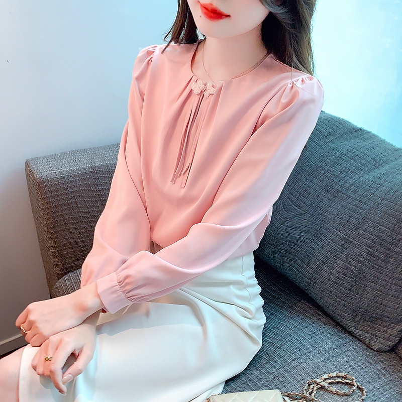 Satin Chinese style spring shirt puff sleeve woven tops