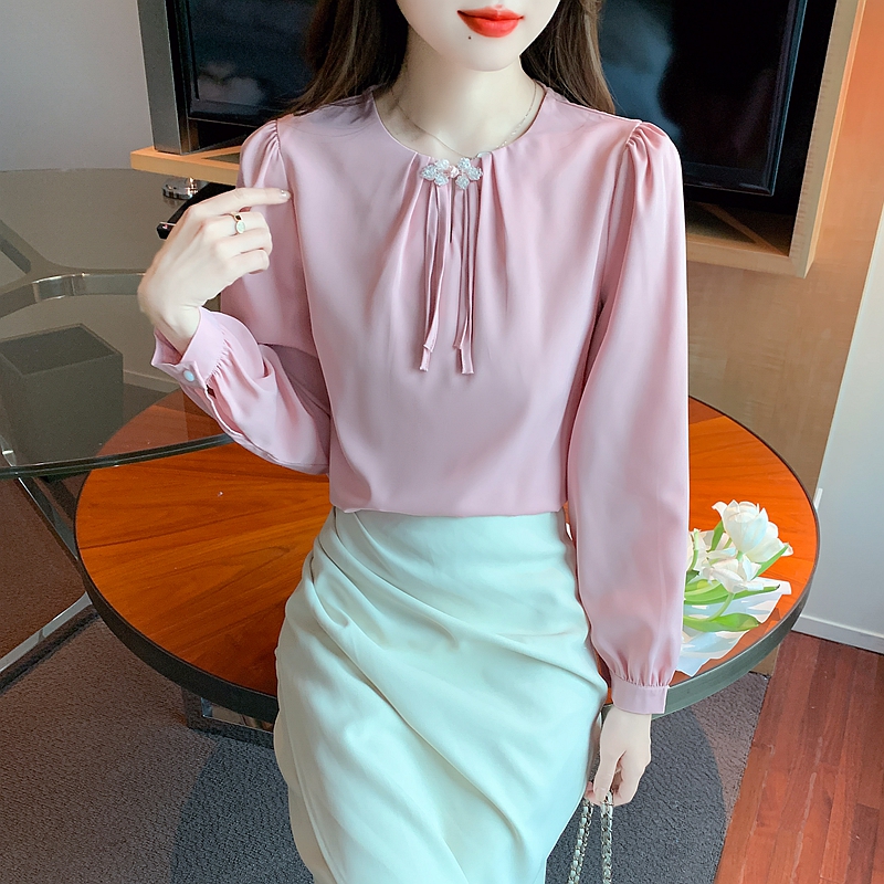 Satin Chinese style spring shirt puff sleeve woven tops