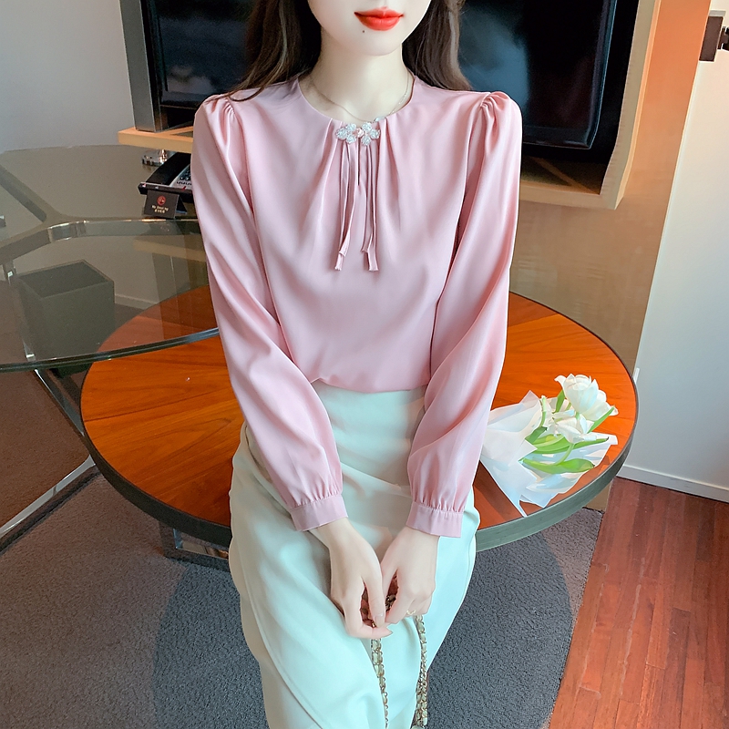 Satin Chinese style spring shirt puff sleeve woven tops