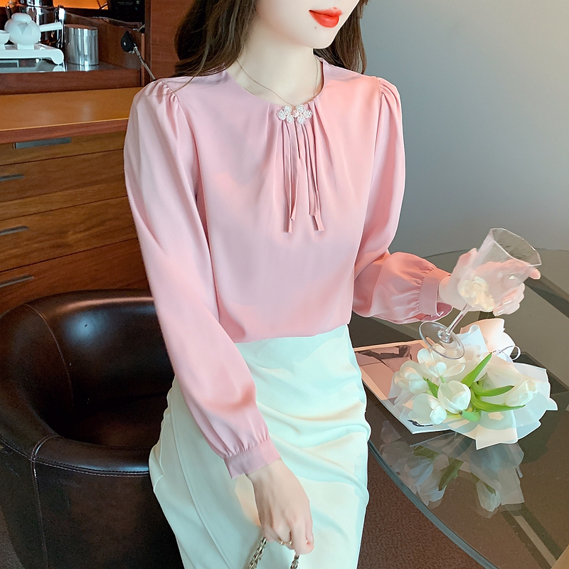 Satin Chinese style spring shirt puff sleeve woven tops