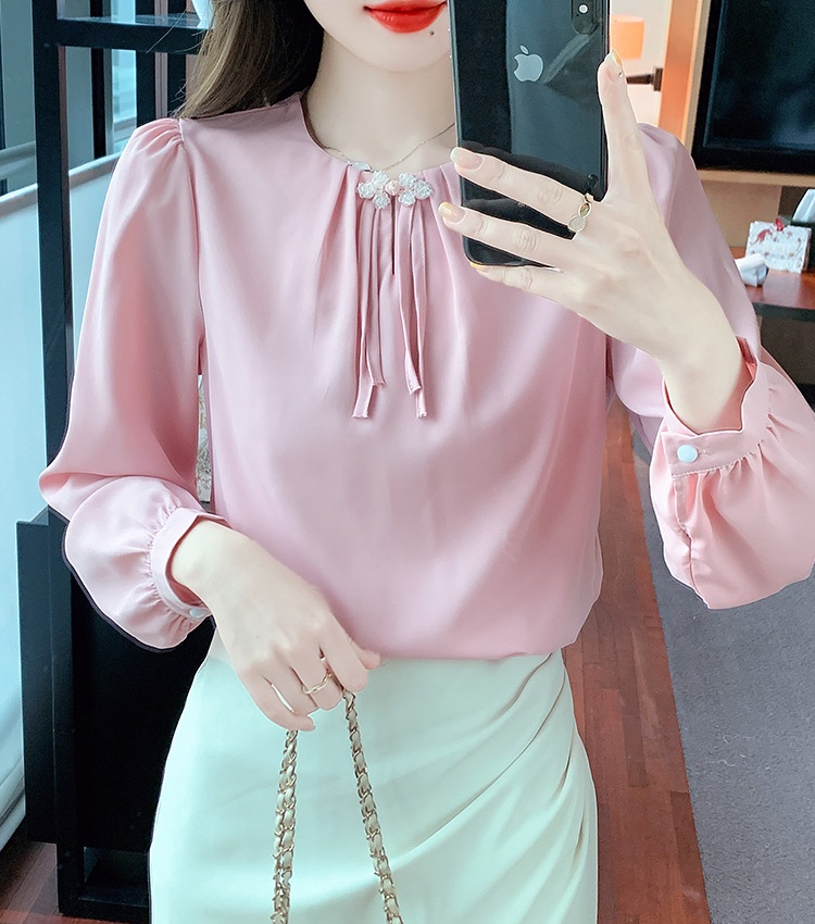 Satin Chinese style spring shirt puff sleeve woven tops