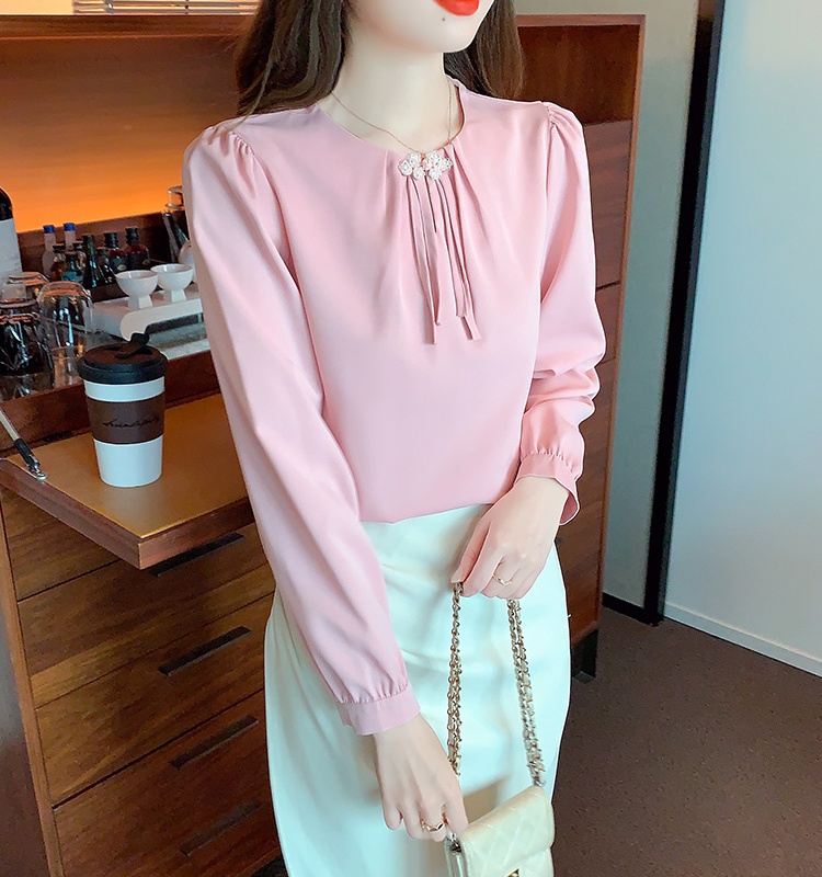 Satin Chinese style spring shirt puff sleeve woven tops