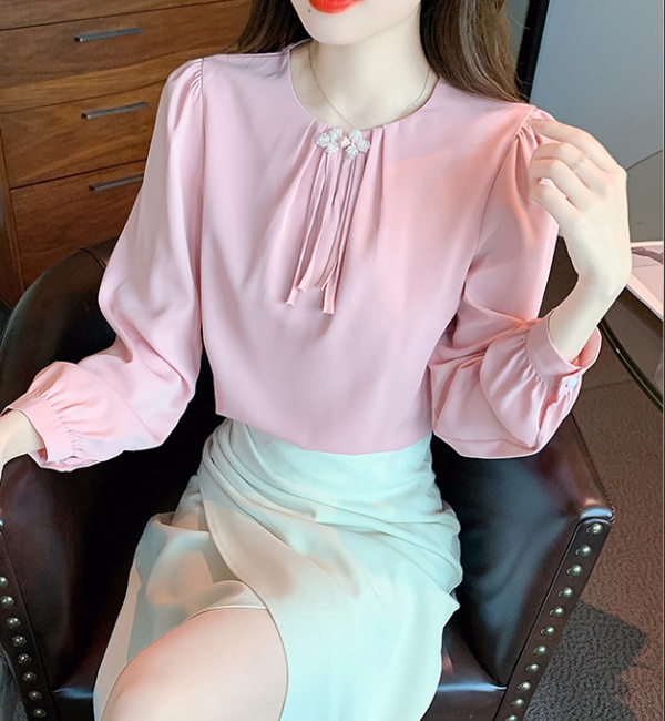 Satin Chinese style spring shirt puff sleeve woven tops