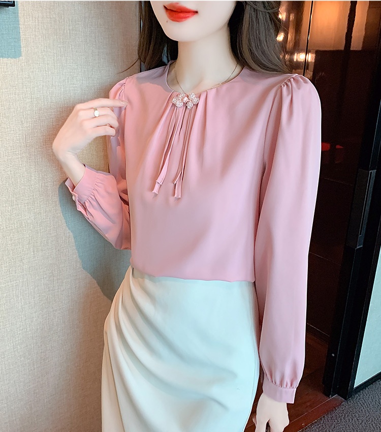 Satin Chinese style spring shirt puff sleeve woven tops