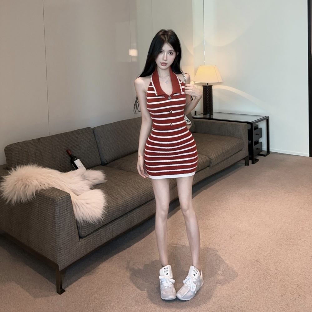 Slim knitted fashion package hip stripe dress for women