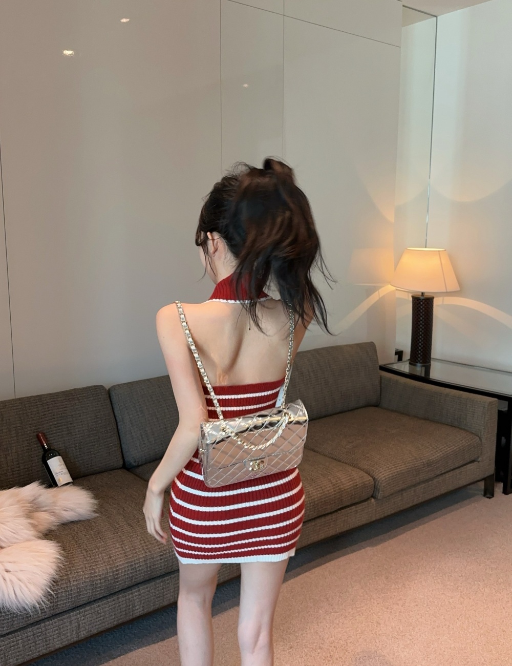 Slim knitted fashion package hip stripe dress for women