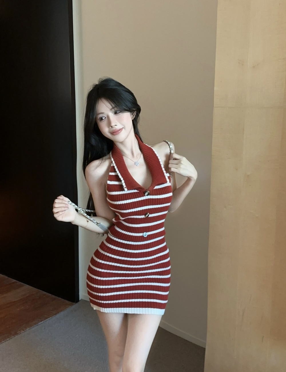 Slim knitted fashion package hip stripe dress for women