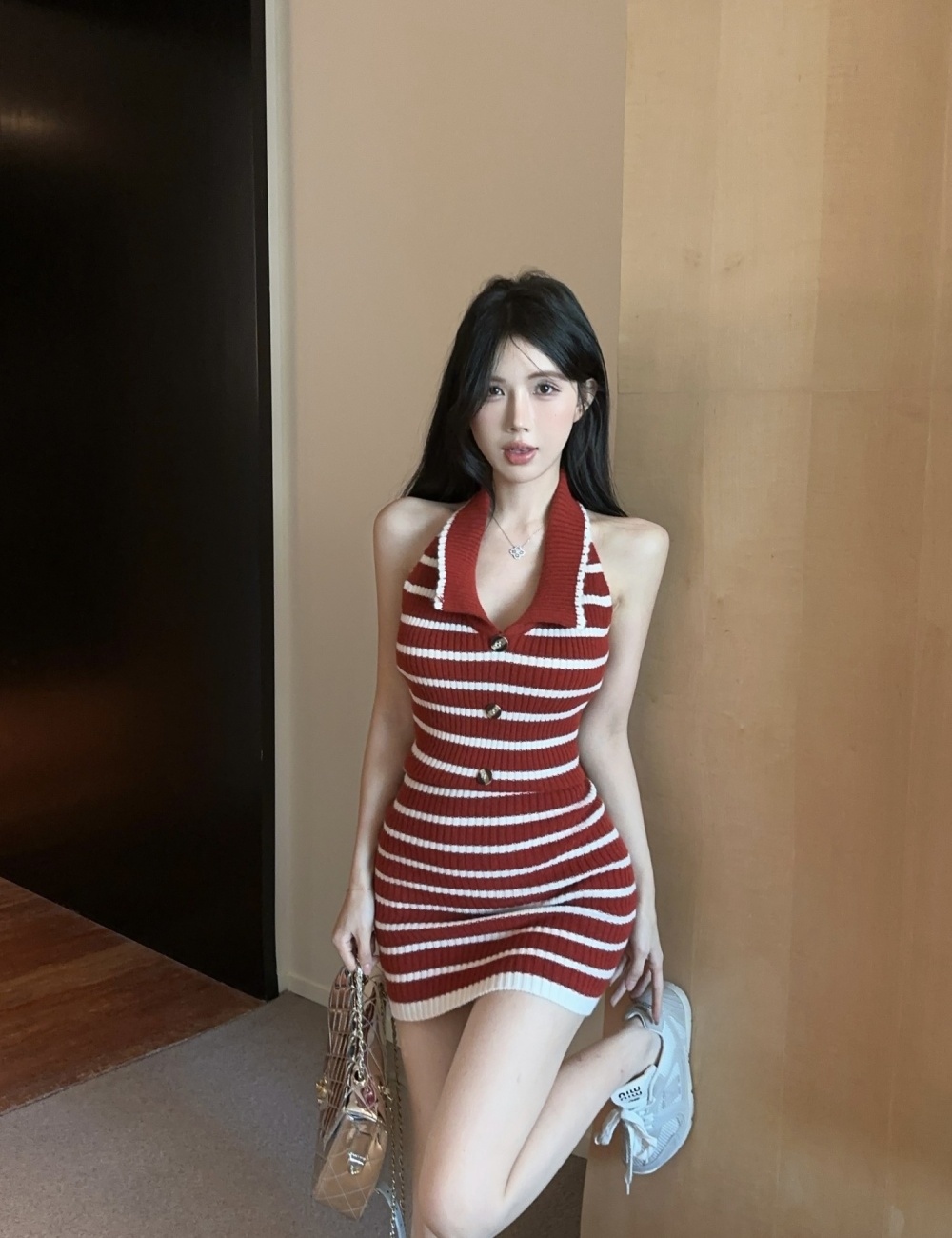 Slim knitted fashion package hip stripe dress for women