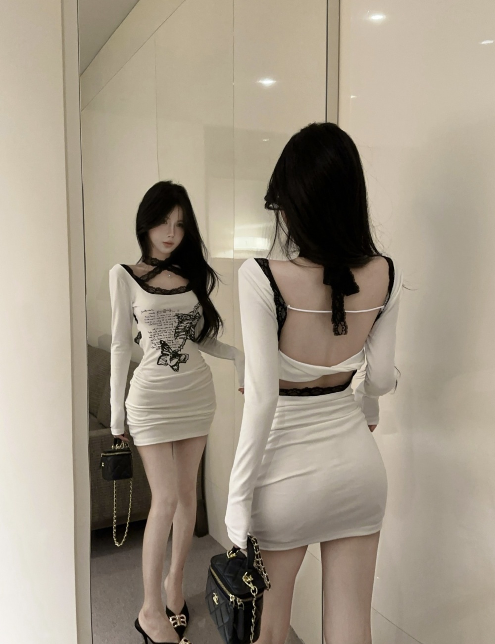 White slim printing package hip fashion dress