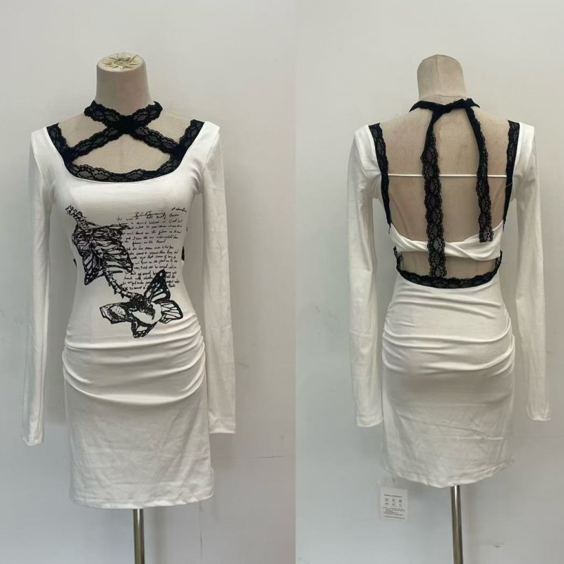 White slim printing package hip fashion dress