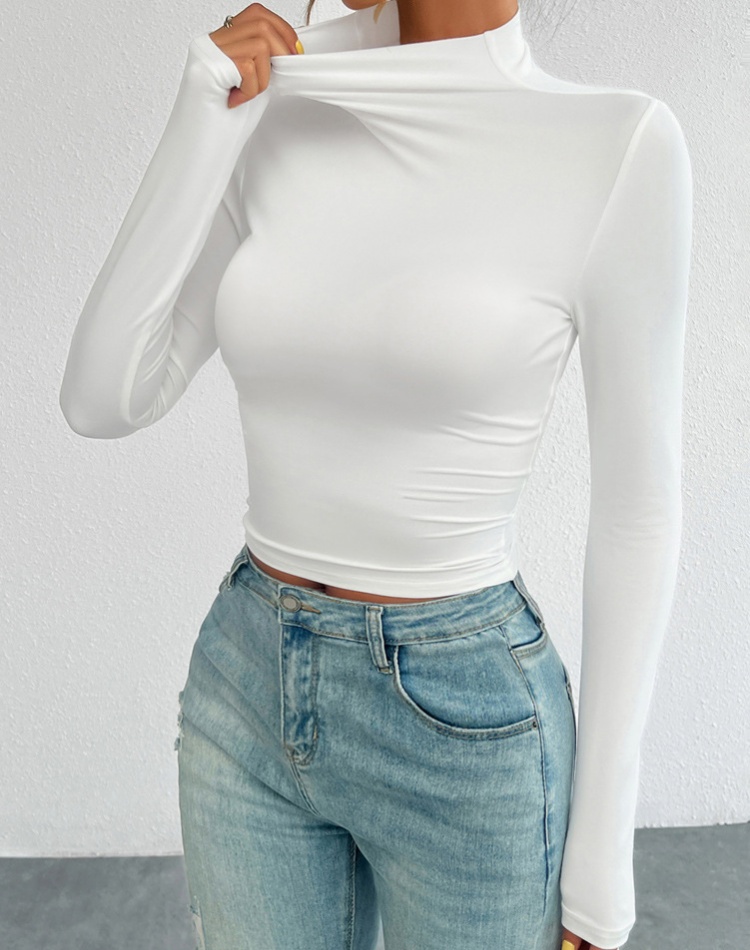 All-match high collar T-shirt slim tops for women