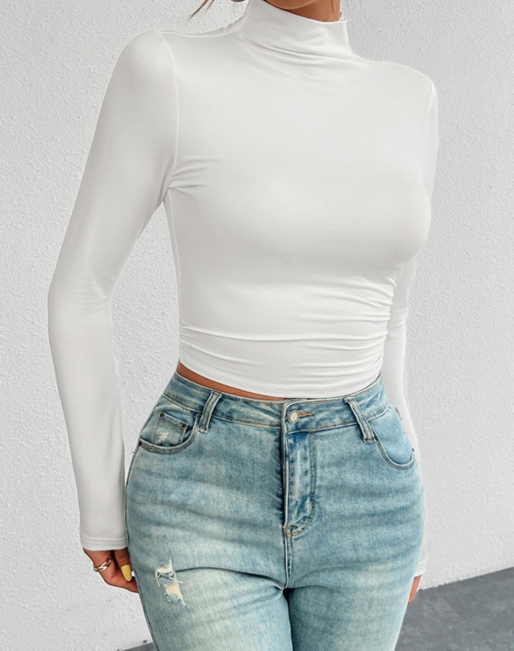 All-match high collar T-shirt slim tops for women