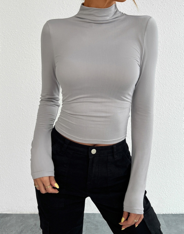 All-match high collar T-shirt slim tops for women