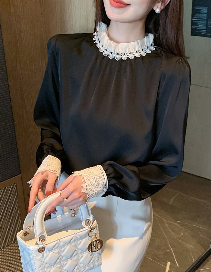 Long sleeve satin lace shirt splice spring tops for women