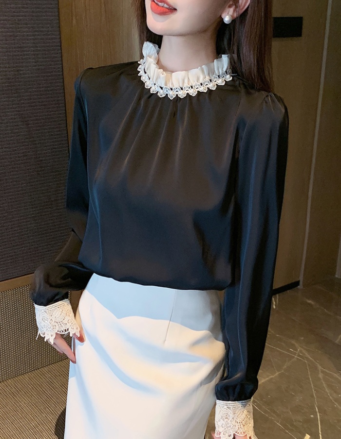 Long sleeve satin lace shirt splice spring tops for women