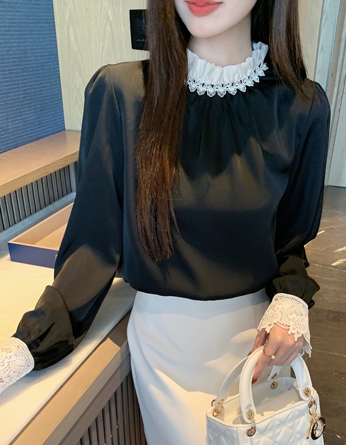 Long sleeve satin lace shirt splice spring tops for women