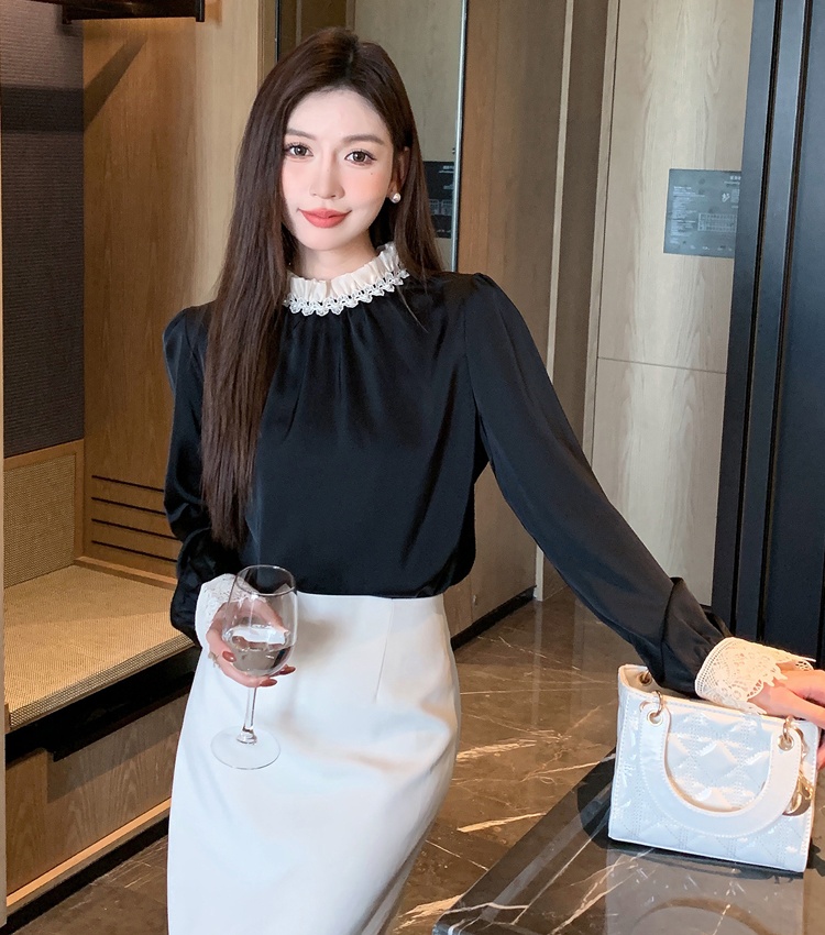 Long sleeve satin lace shirt splice spring tops for women