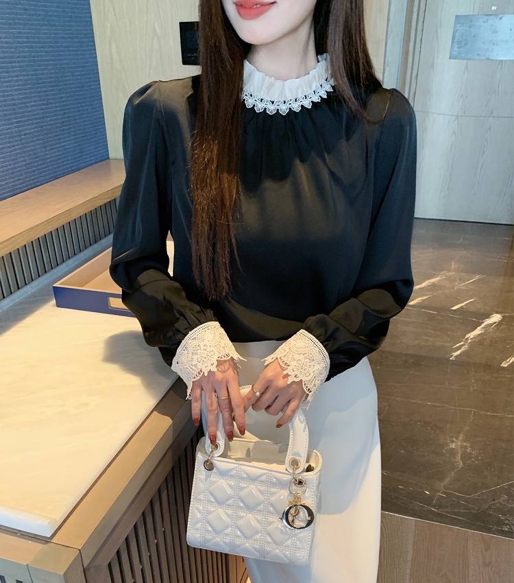 Long sleeve satin lace shirt splice spring tops for women