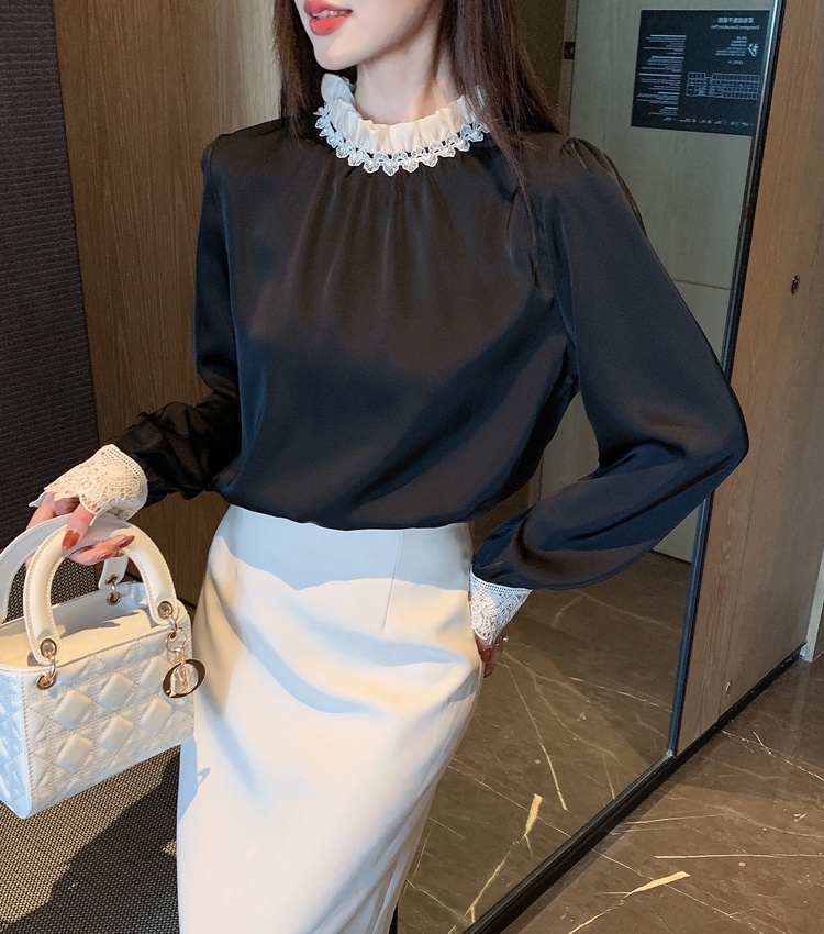 Long sleeve satin lace shirt splice spring tops for women