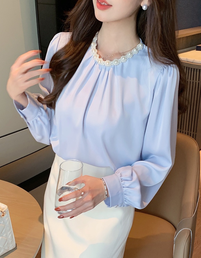 Round neck satin small shirt long sleeve tops for women