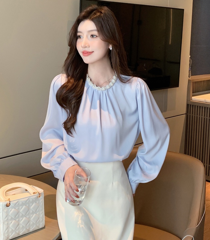 Round neck satin small shirt long sleeve tops for women