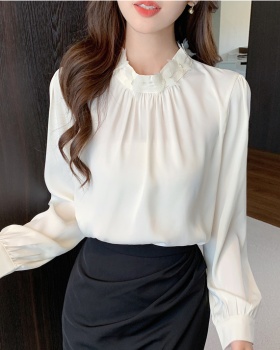 Long sleeve spring tops beading satin small shirt for women