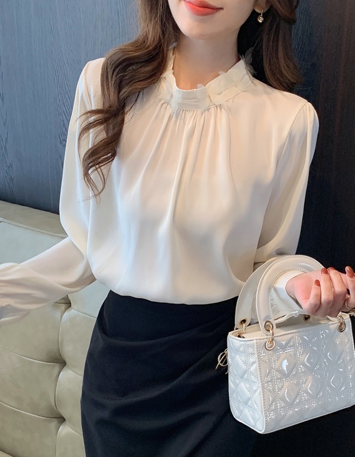 Long sleeve spring tops beading satin small shirt for women