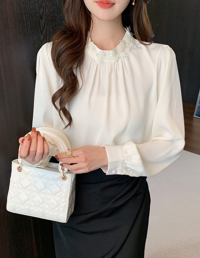 Long sleeve spring tops beading satin small shirt for women