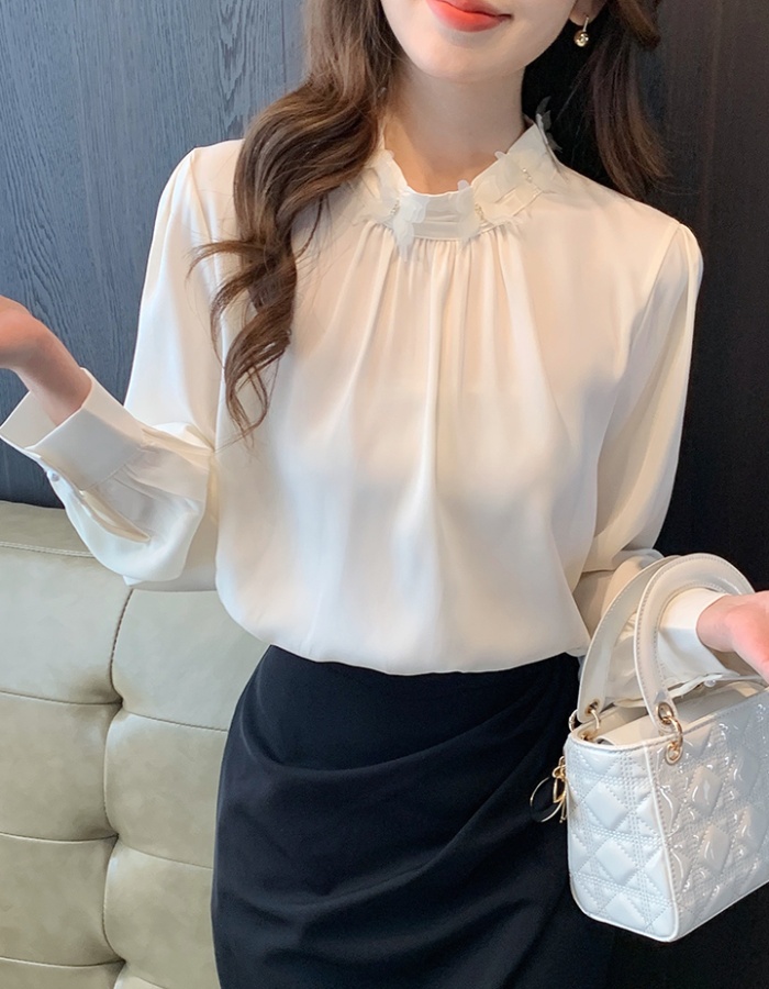 Long sleeve spring tops beading satin small shirt for women