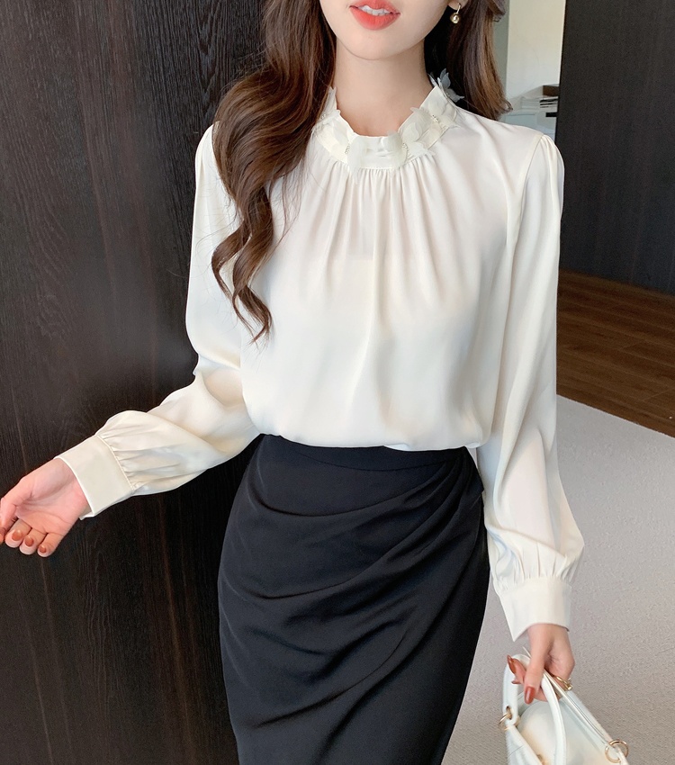 Long sleeve spring tops beading satin small shirt for women