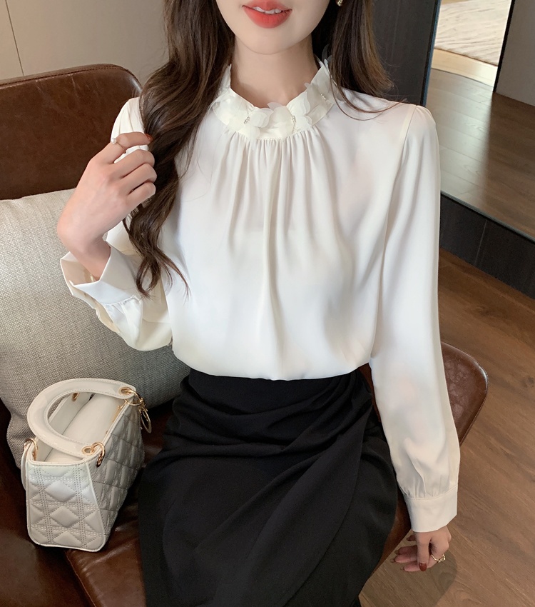 Long sleeve spring tops beading satin small shirt for women