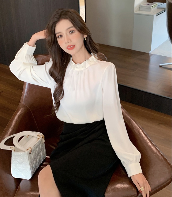 Long sleeve spring tops beading satin small shirt for women