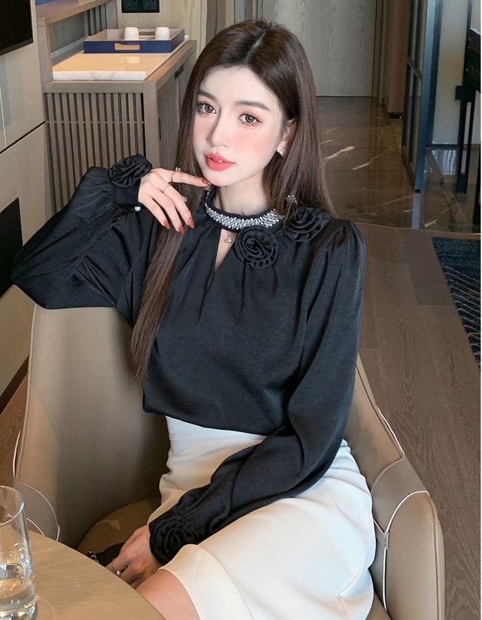 Beading embossing shirt long sleeve tops for women