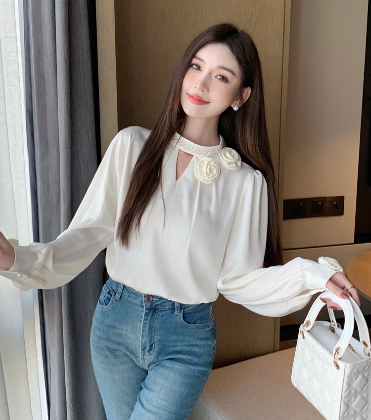 Beading embossing shirt long sleeve tops for women