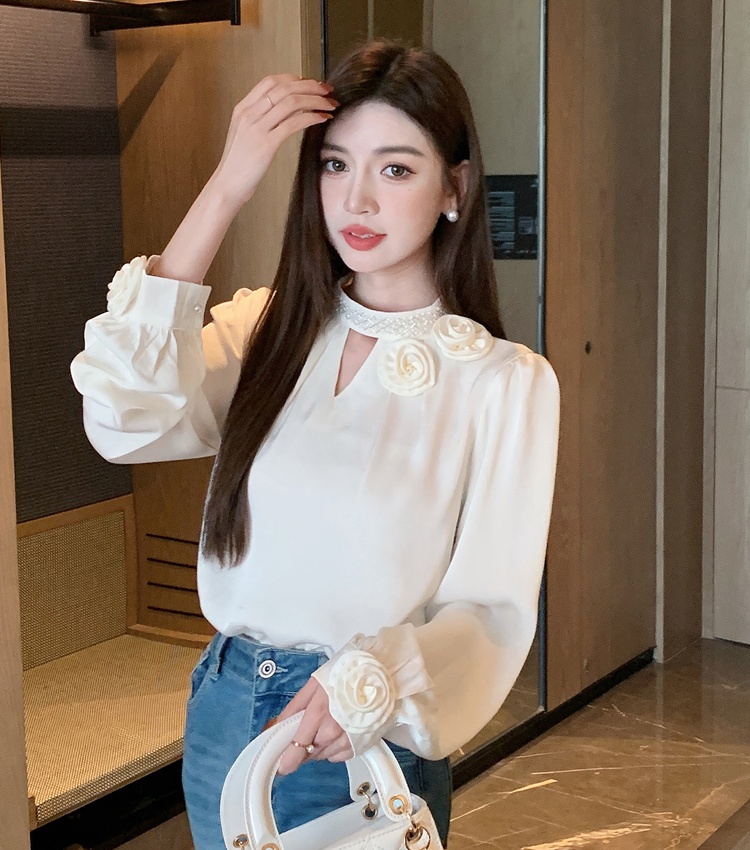 Beading embossing shirt long sleeve tops for women