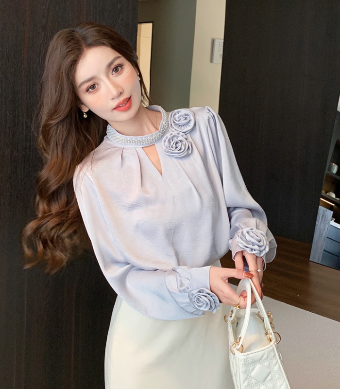 Beading embossing shirt long sleeve tops for women