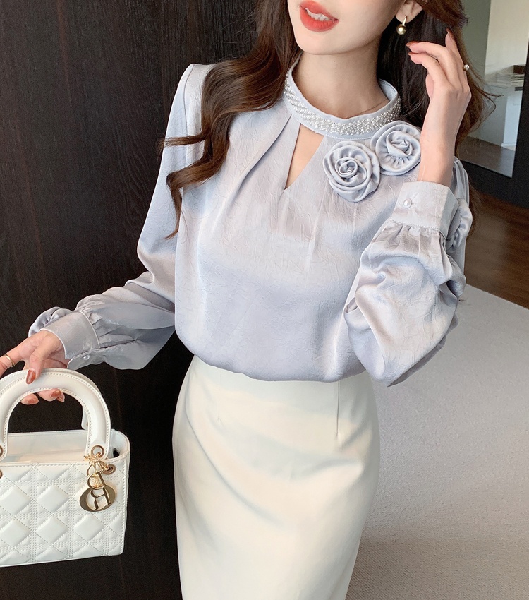 Beading embossing shirt long sleeve tops for women