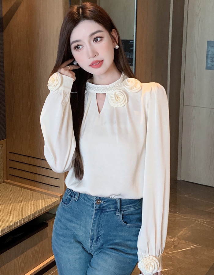 Beading embossing shirt long sleeve tops for women