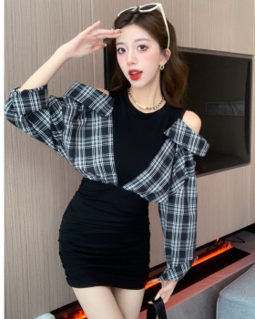 Pseudo-two spicegirl plaid package hip dress for women