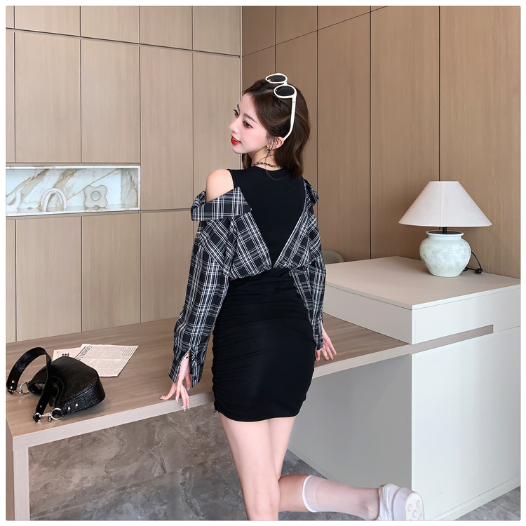 Pseudo-two spicegirl plaid package hip dress for women