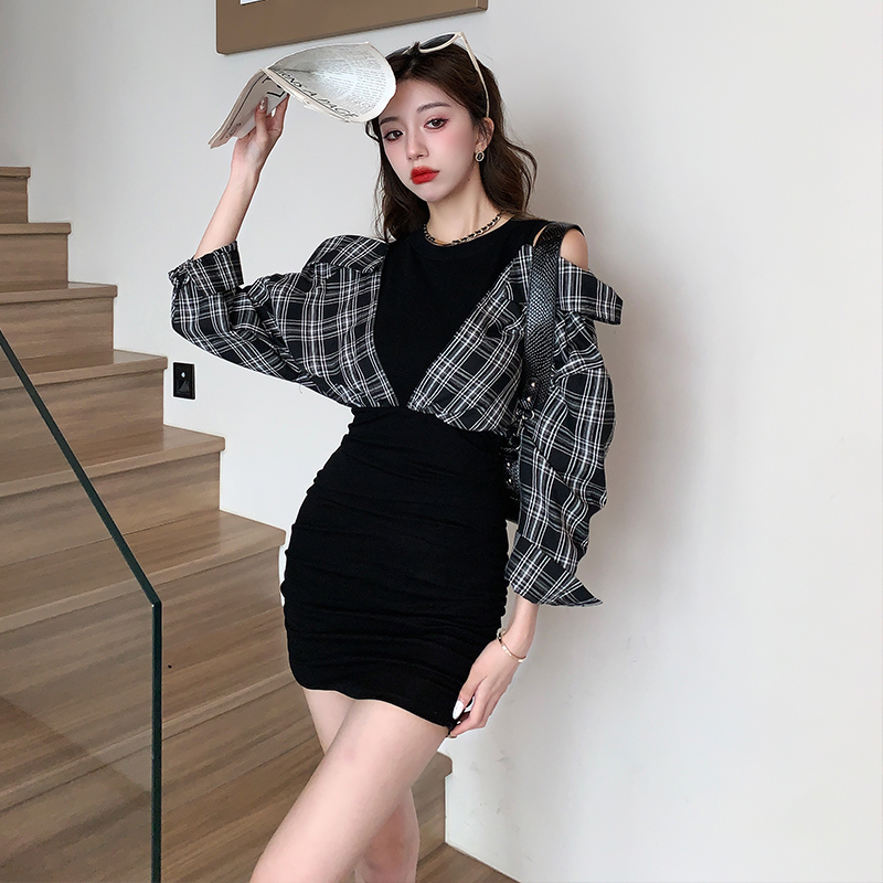 Pseudo-two spicegirl plaid package hip dress for women